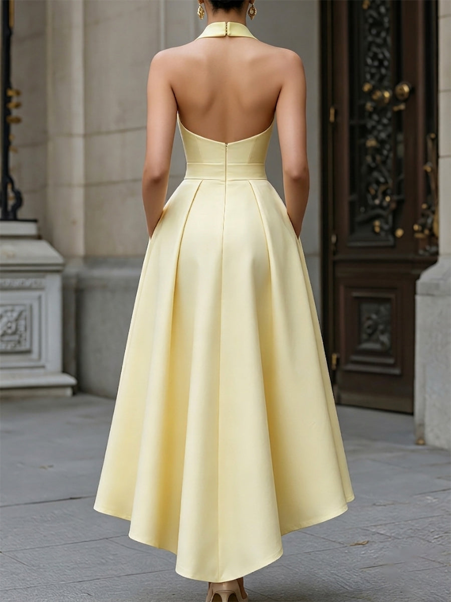 Whitemore & Daughters - Midi Dress: Halter-Neck Bow Dress with High-Low A-Line Skirt
