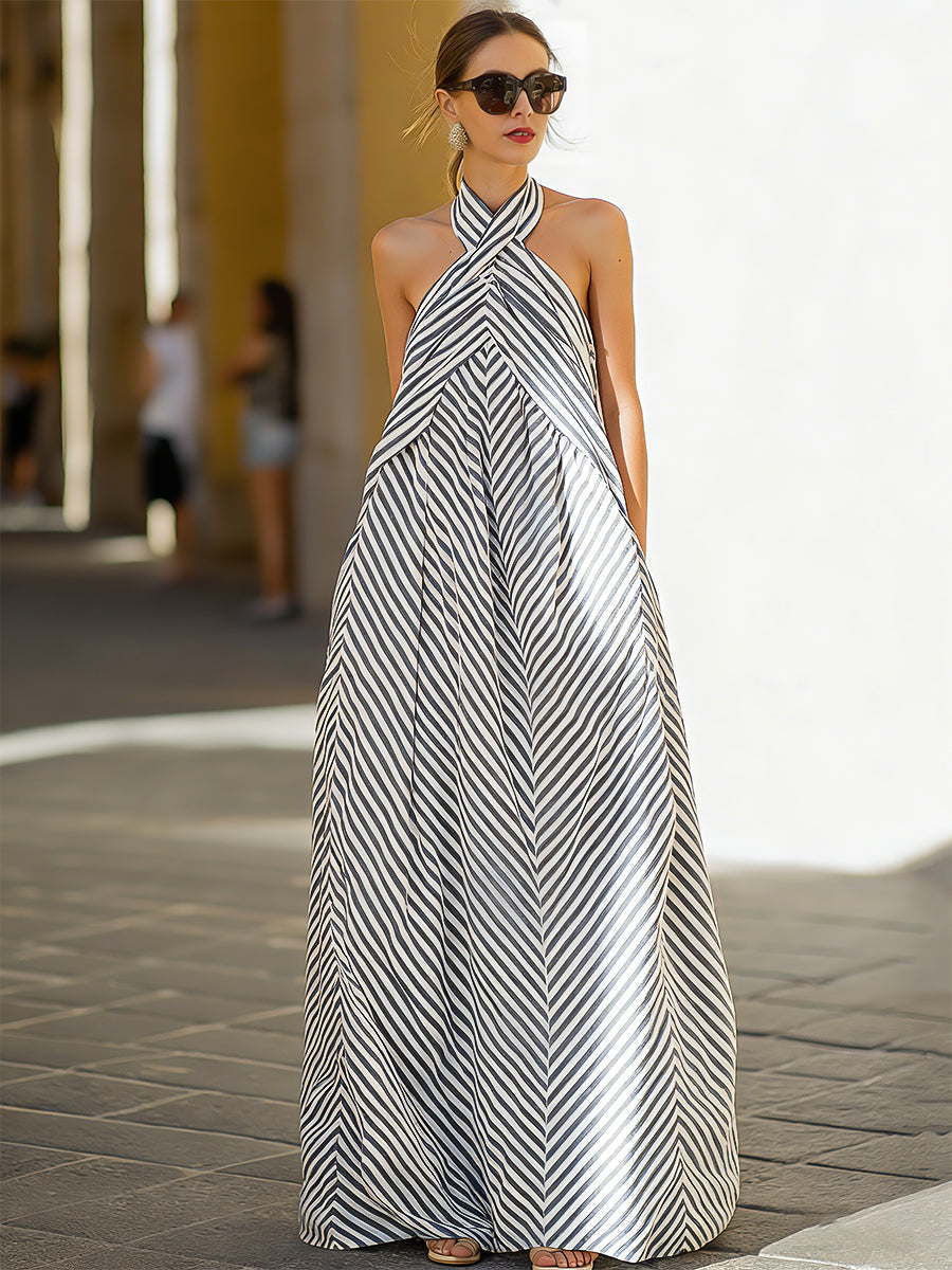 Whitemore & Daughters - Maxi Dress: Halter-Neck A-Line Dress in Striped Print