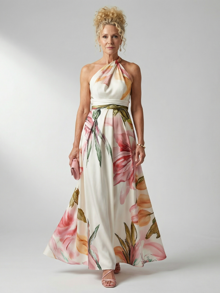 Whitemore & Daughters - Amiel Maxi Dress: One-Shoulder Dress with Sash Belt in Floral Print
