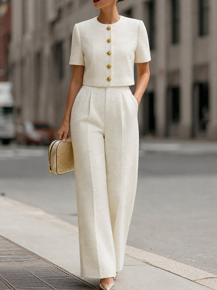 White Tweed Cropped Short-Sleeve Jacket & High-Waisted Wide-Leg Pants Two-Piece Set Co-ord – Whitemore & Daughters