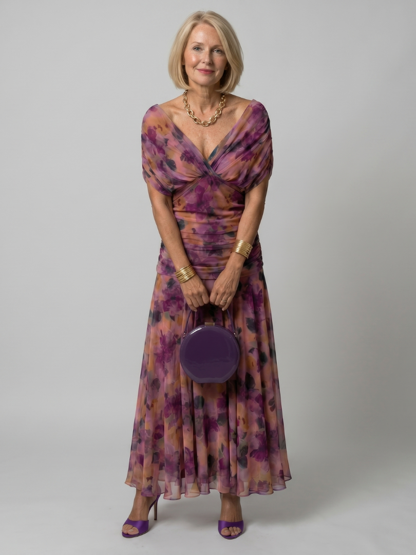 Whitemore & Daughters - Calen Maxi Dress: Off-Shoulder V-Neck Dress with Flutter Sleeves in Floral Print
