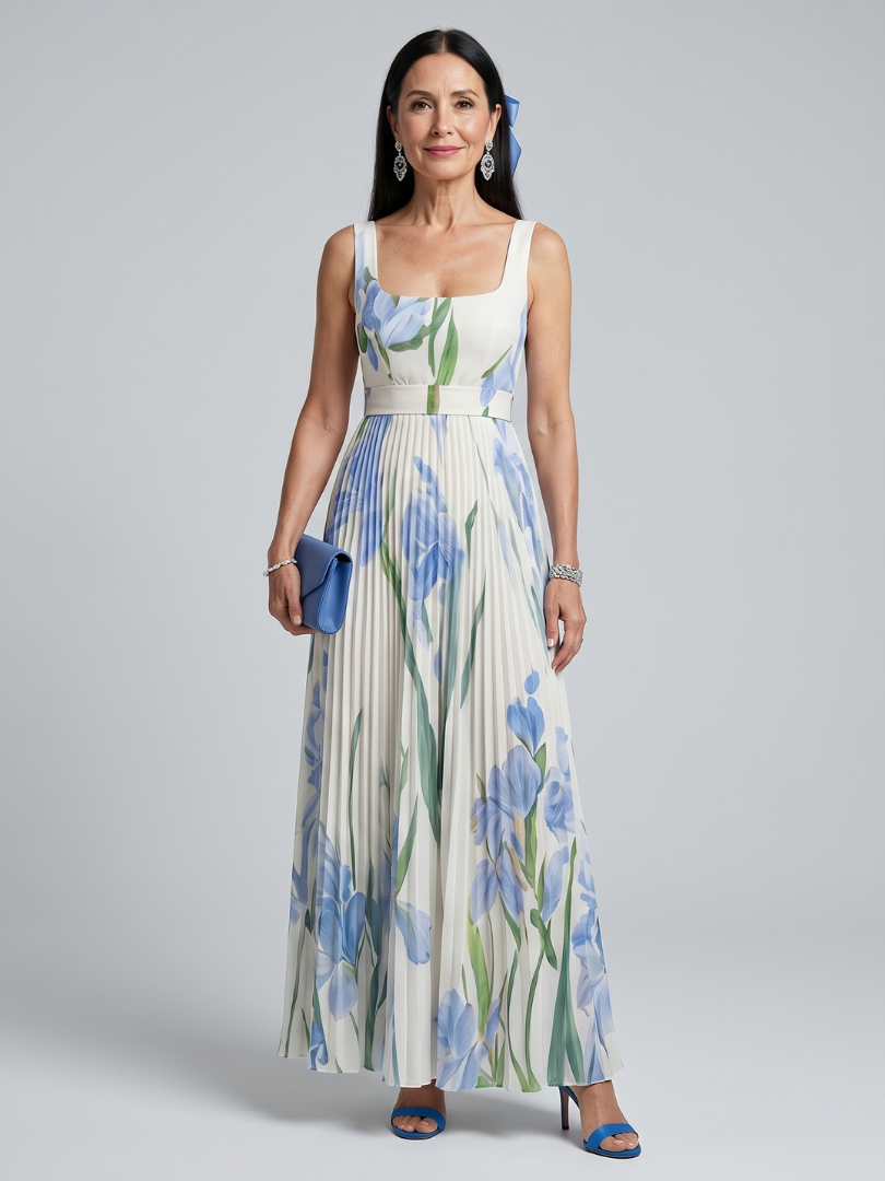 Whitemore & Daughters - Ophelia Maxi Dress: Square-Neck Belted Dress with Pleated Skirt in Floral Print