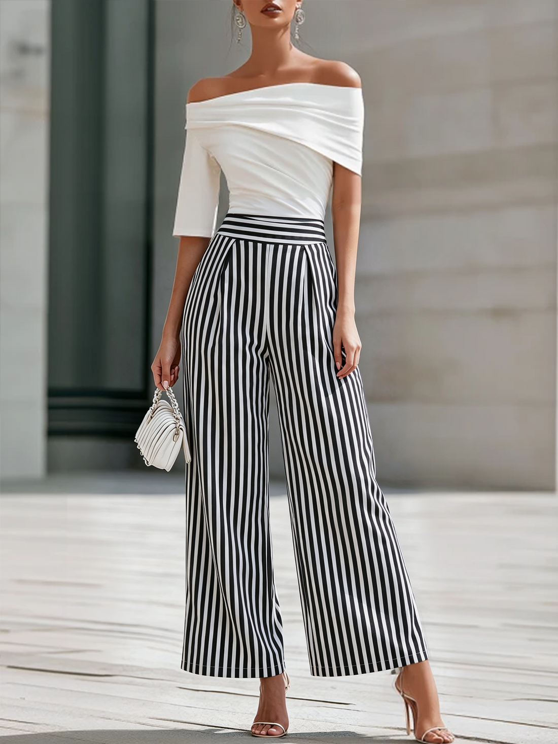 White Off-Shoulder Draped Top & Striped Pants Co-ord – Whitemore & Daughters