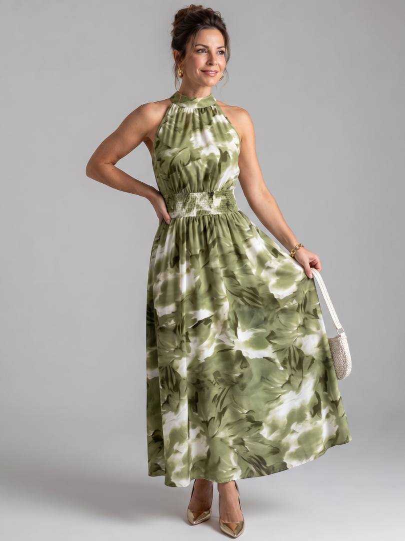 Whitemore & Daughters - Olivia Maxi Dress: Halter-Neck Gathered Dress in Abstract Print
