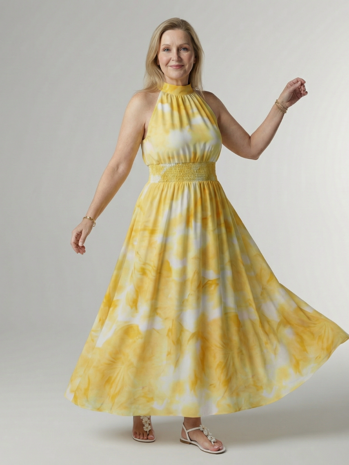 Whitemore & Daughters - Sylin Maxi Dress: Halter-Neck Dress with Gathered Waist in Watercolor Print