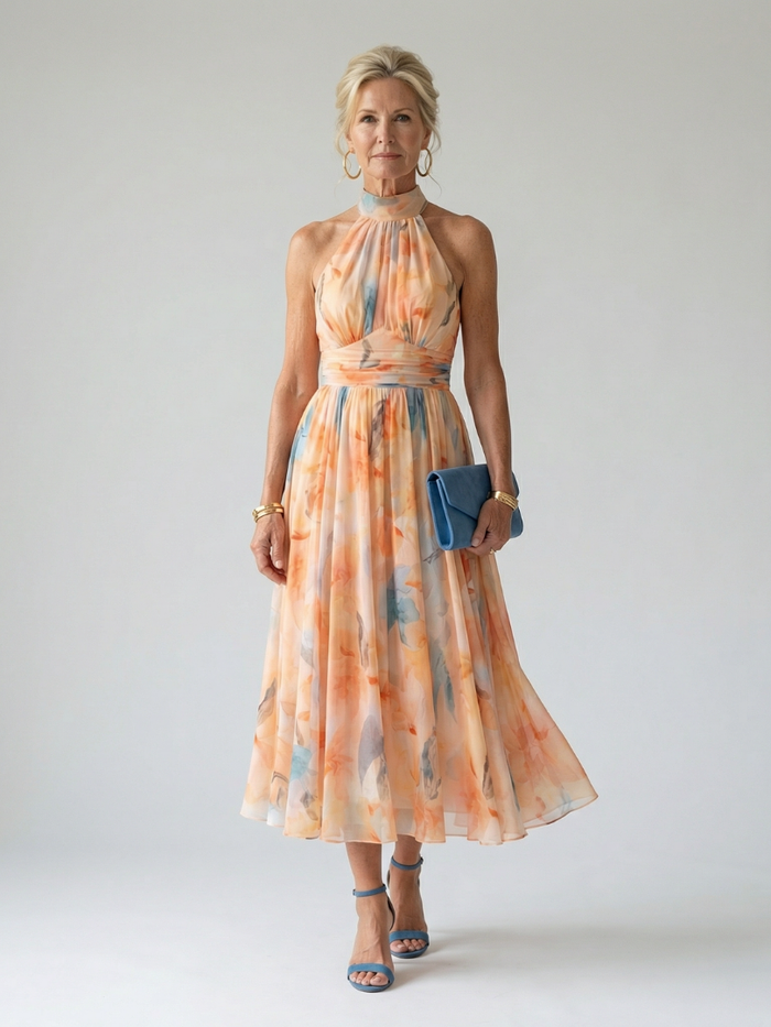 Whitemore & Daughters - Elin Midi Dress: Halter-Neck Dress with Belted Waist in Watercolor Print