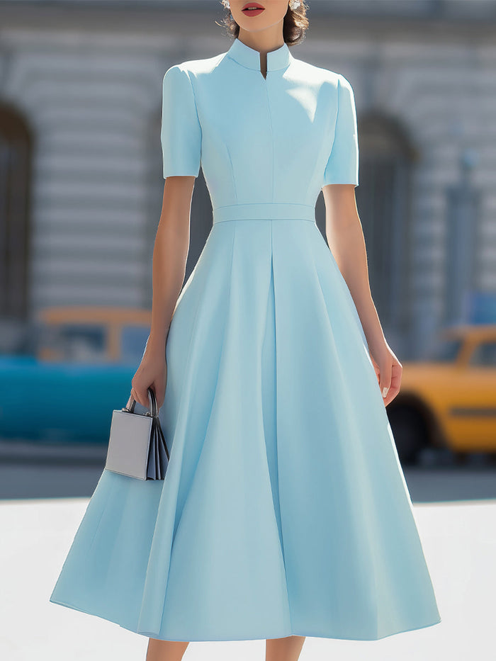 Whitemore & Daughters - Midi Dress: High-Neck A-Line Dress with Pleated Skirt