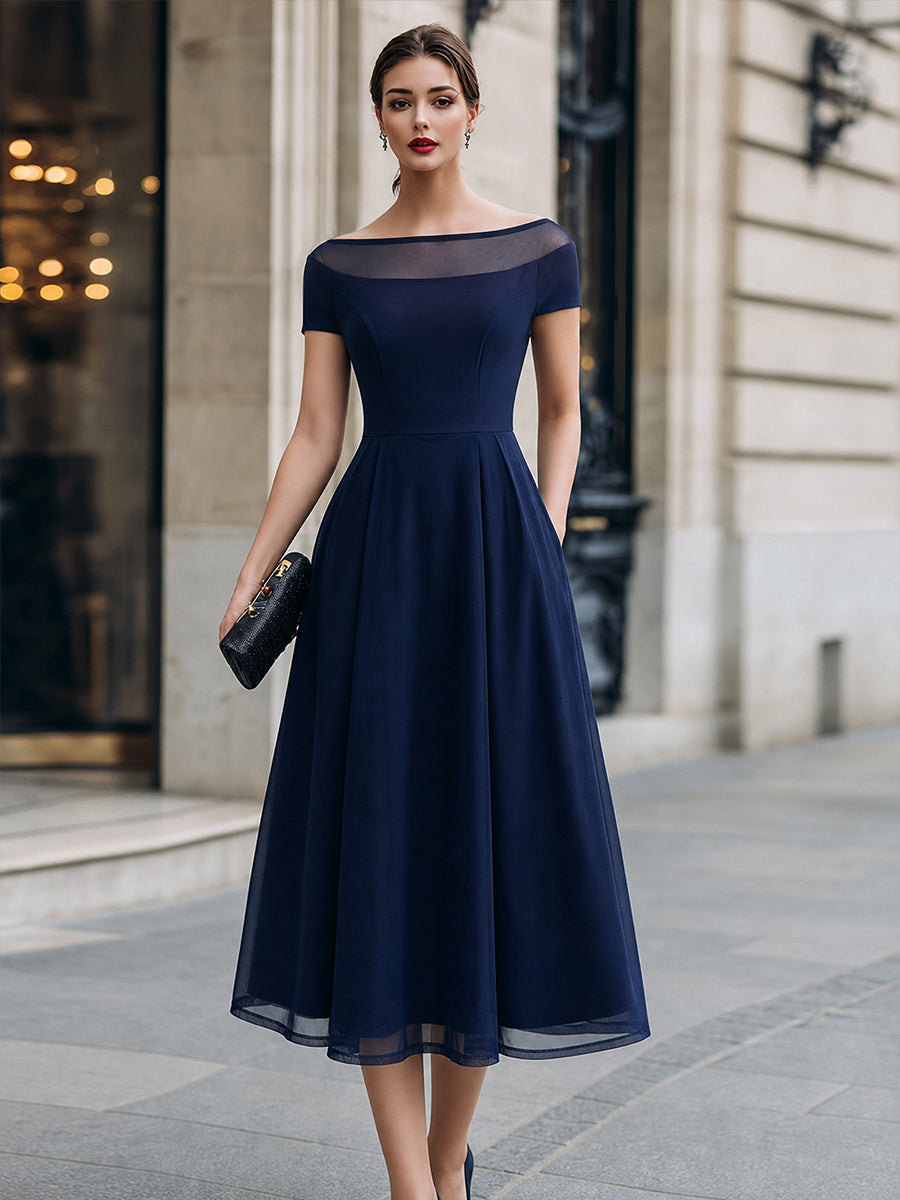 Whitemore & Daughters - Midi Dress: Off-Shoulder A-Line Dress with Sheer Mesh Neckline