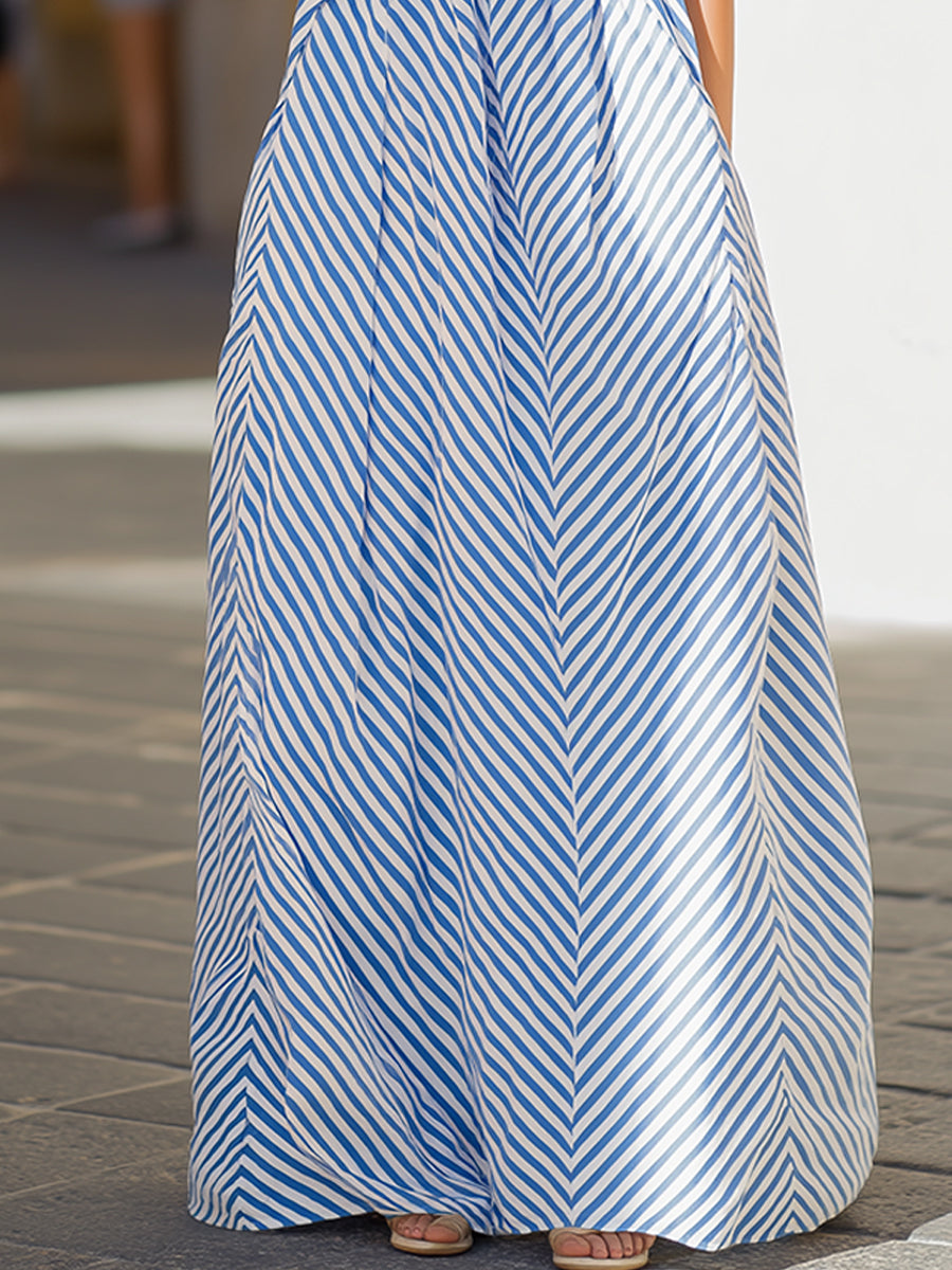 Whitemore & Daughters - Maxi Dress: Halter-Neck A-Line Dress in Striped Print