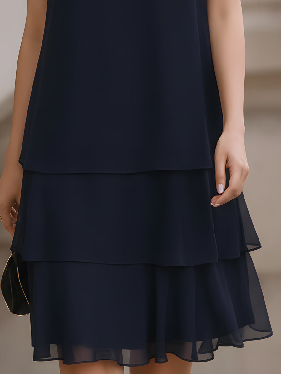 Whitemore & Daughters - Mini Dress: Round-Neck Shift Dress with Tiered Chiffon Hem