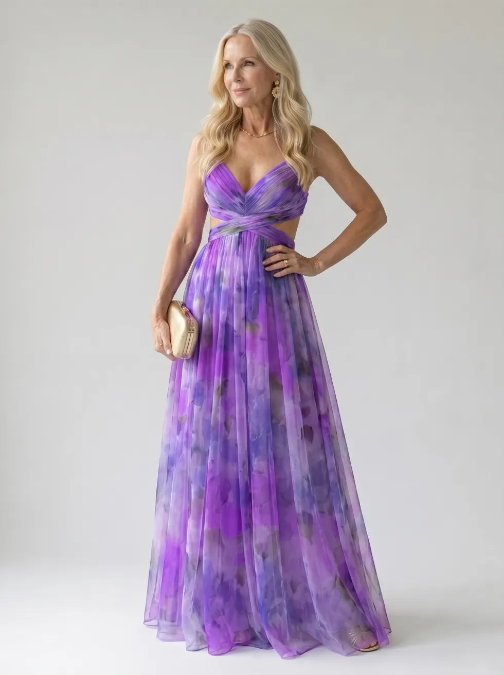 Whitemore & Daughters - Isel Maxi Dress: V-Neck Dress with Criss-Cross Waist Detail in Watercolor Print