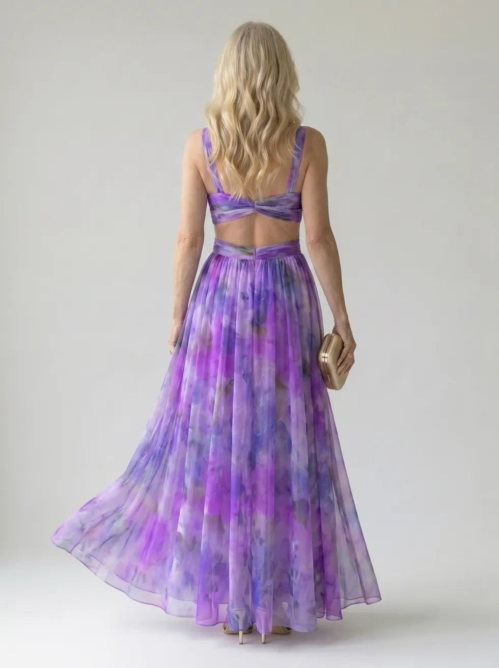 Whitemore & Daughters - Isel Maxi Dress: V-Neck Dress with Criss-Cross Waist Detail in Watercolor Print