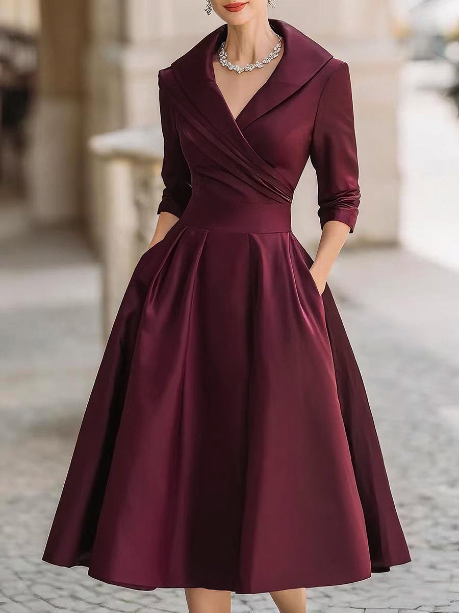 Whitemore & Daughters - Midi Dress: V-Neck Wrap Satin Dress with Full A-Line Skirt