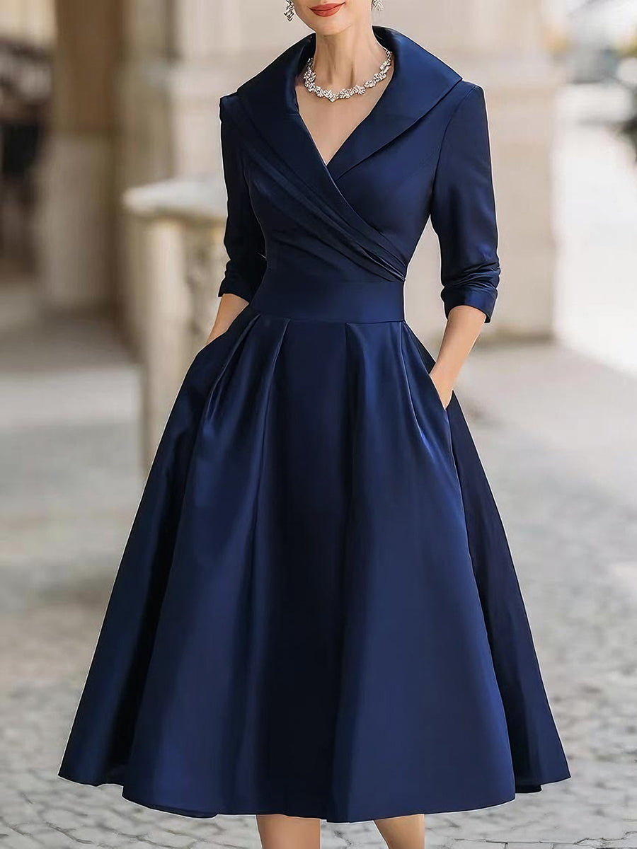 Whitemore & Daughters - Midi Dress: V-Neck Wrap Satin Dress with Full A-Line Skirt