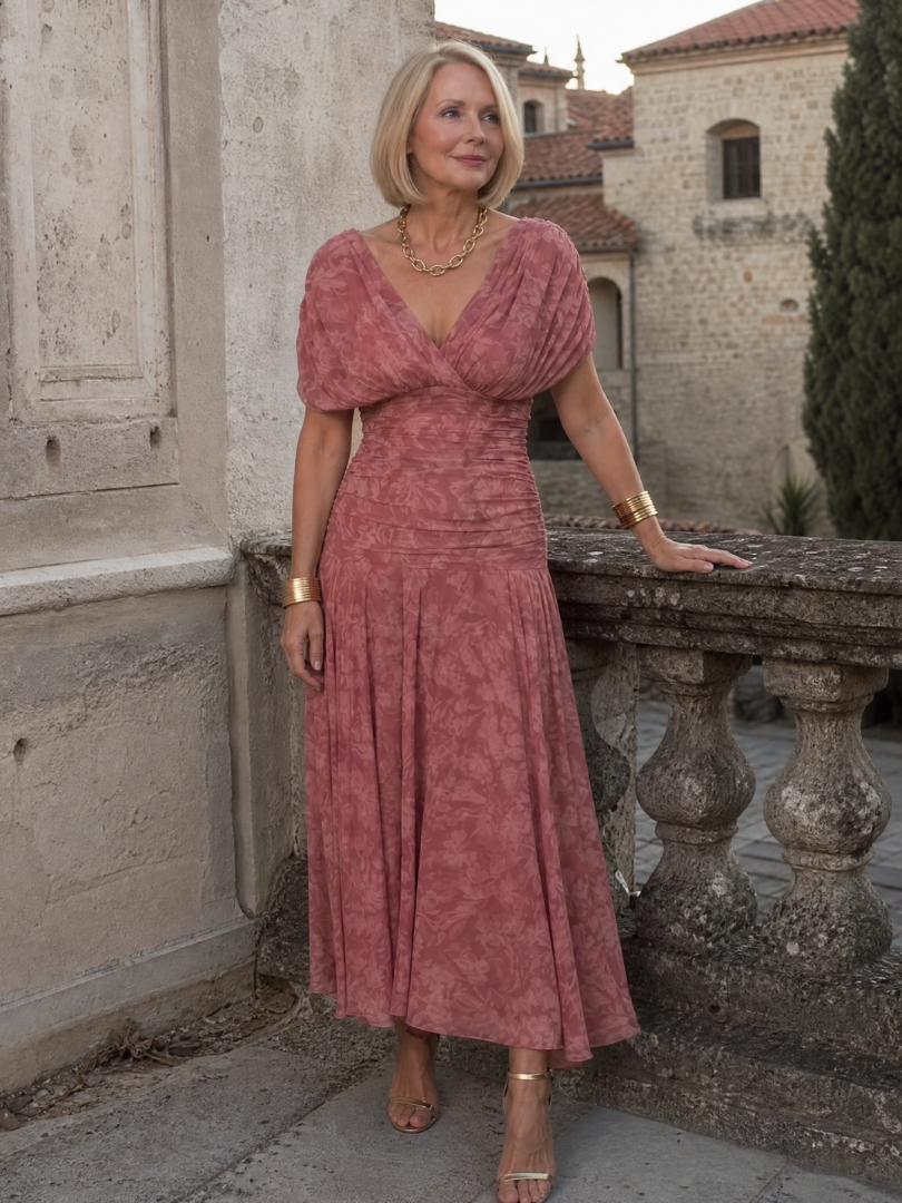 Whitemore & Daughters - Calen Maxi Dress: Off-Shoulder V-Neck Dress with Flutter Sleeves in Floral Print