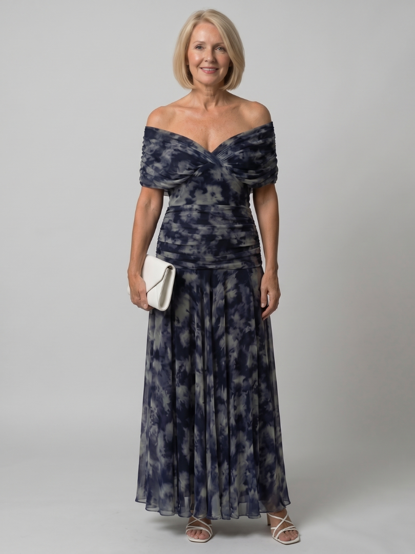 Whitemore & Daughters - Calen Maxi Dress: Off-Shoulder V-Neck Dress with Flutter Sleeves in Floral Print
