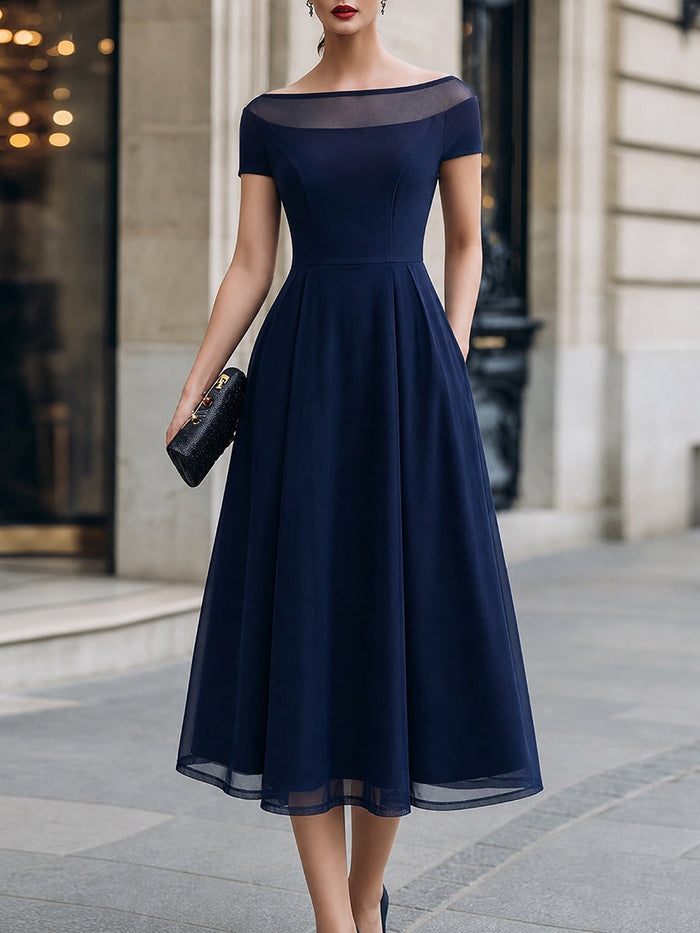 Whitemore & Daughters - Midi Dress: Off-Shoulder A-Line Dress with Sheer Mesh Neckline