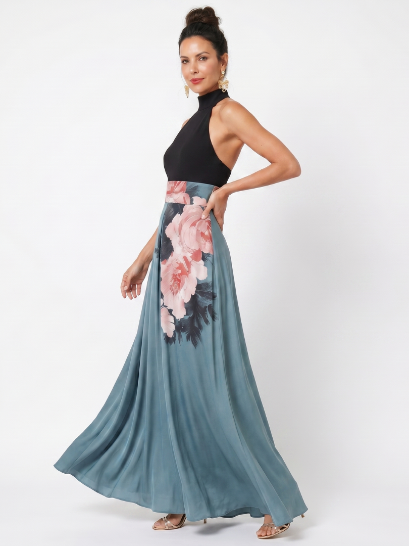 Whitemore & Daughters - Olympas Maxi Dress: Halter-Neck A-Line Dress with Front Slit in Floral Print