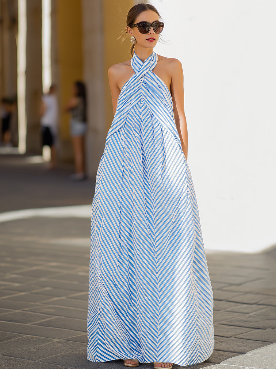 Whitemore & Daughters - Maxi Dress: Halter-Neck A-Line Dress in Striped Print