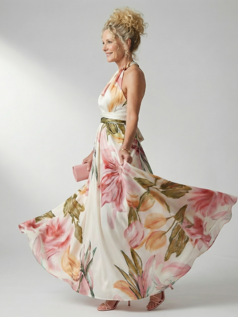 Whitemore & Daughters - Amiel Maxi Dress: One-Shoulder Dress with Sash Belt in Floral Print