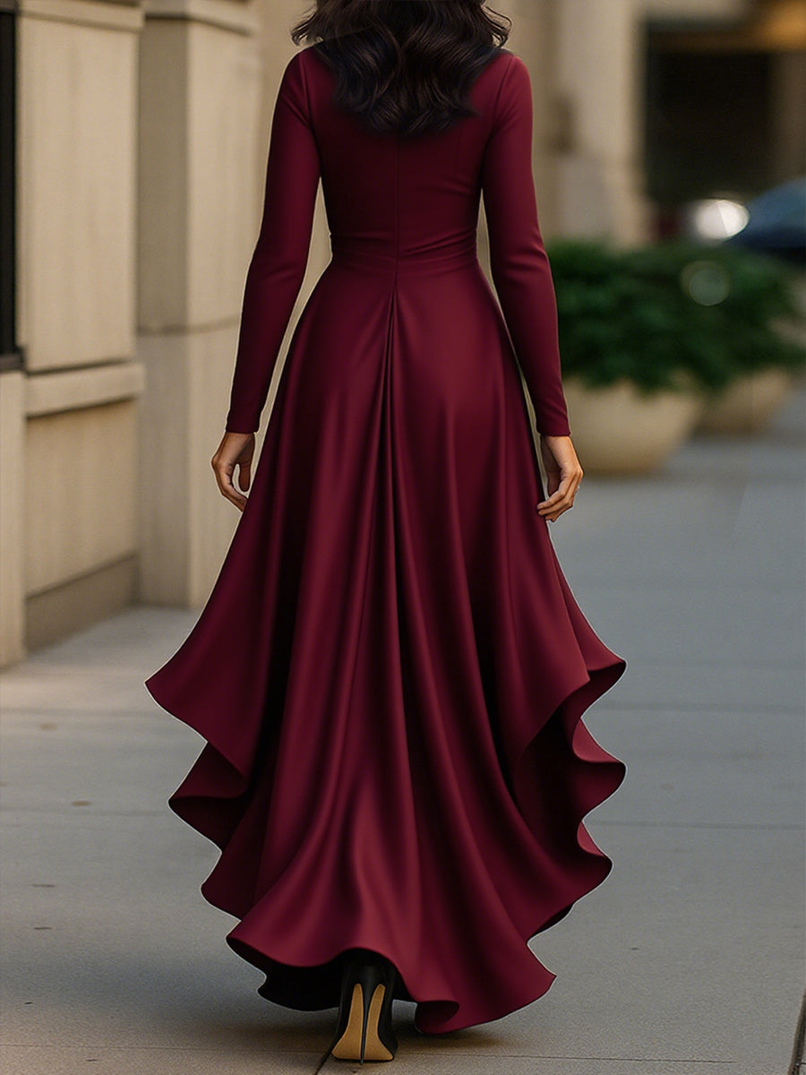 Whitemore & Daughters - Midi Dress: Wrap V-Neck Satin Dress with Ruffle High-Low Hem