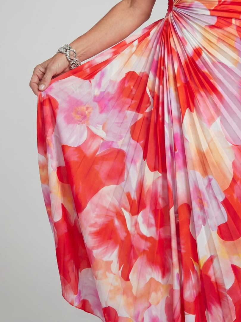 Whitemore & Daughters - Taya Maxi Dress: One-Shoulder Pleated Dress with Draped Waist in Floral Print