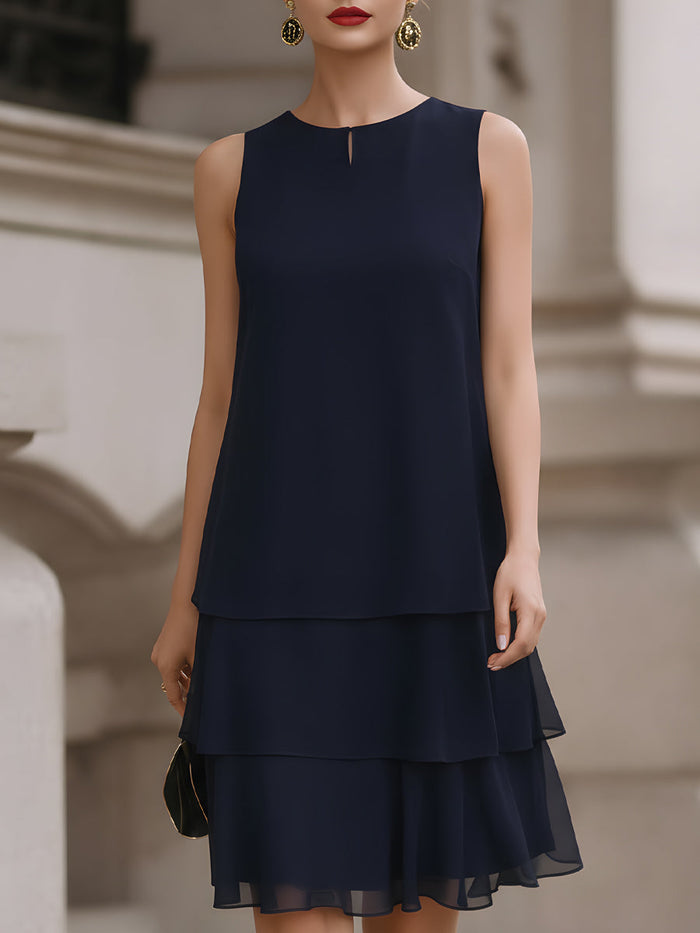 Whitemore & Daughters - Mini Dress: Round-Neck Shift Dress with Tiered Chiffon Hem