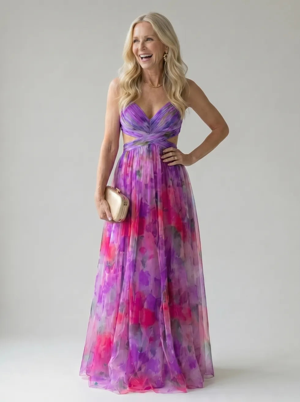 Whitemore & Daughters - Isel Maxi Dress: V-Neck Dress with Criss-Cross Waist Detail in Watercolor Print