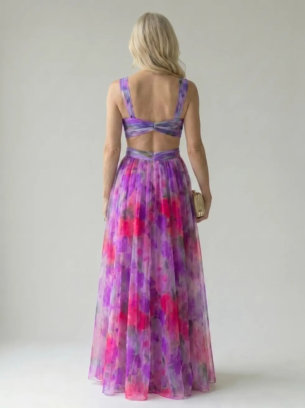 Whitemore & Daughters - Isel Maxi Dress: V-Neck Dress with Criss-Cross Waist Detail in Watercolor Print