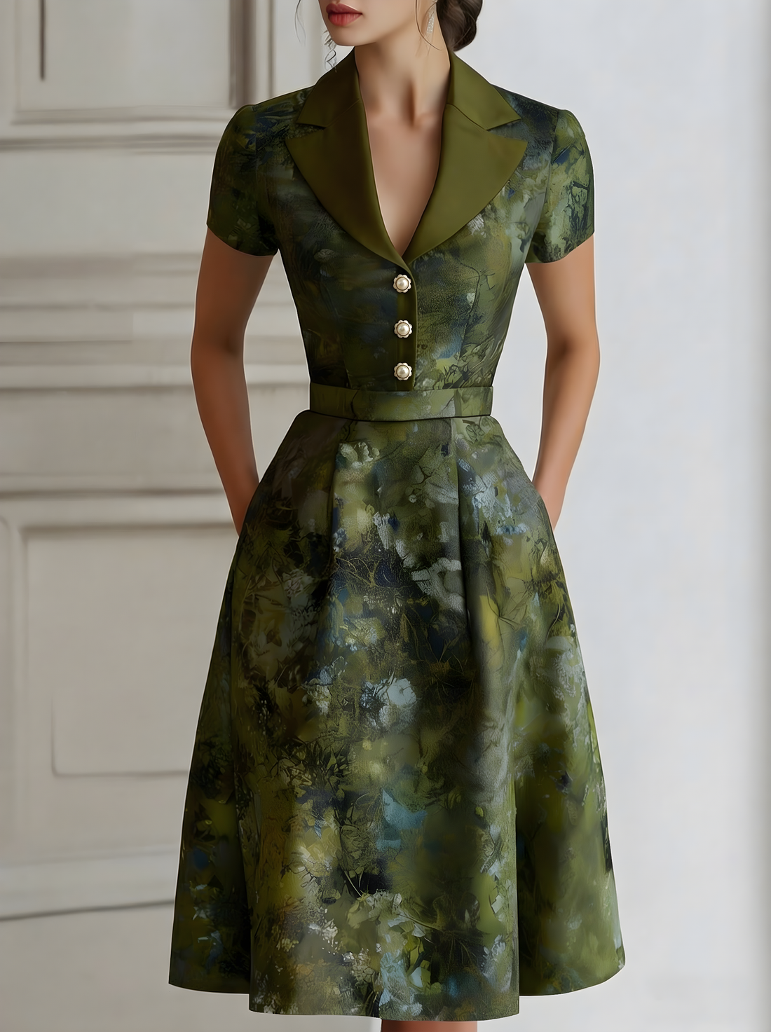 Whitemore & Daughters - Midi Dress: V-Neck Collared Dress with Belted Waist in Floral Print
