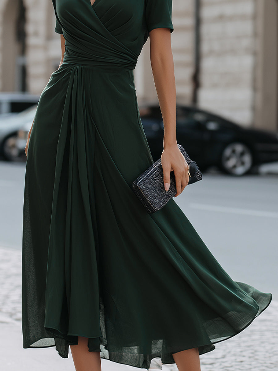 Whitemore & Daughters - Midi Dress: V-Neck Wrap Dress with Draped Waist