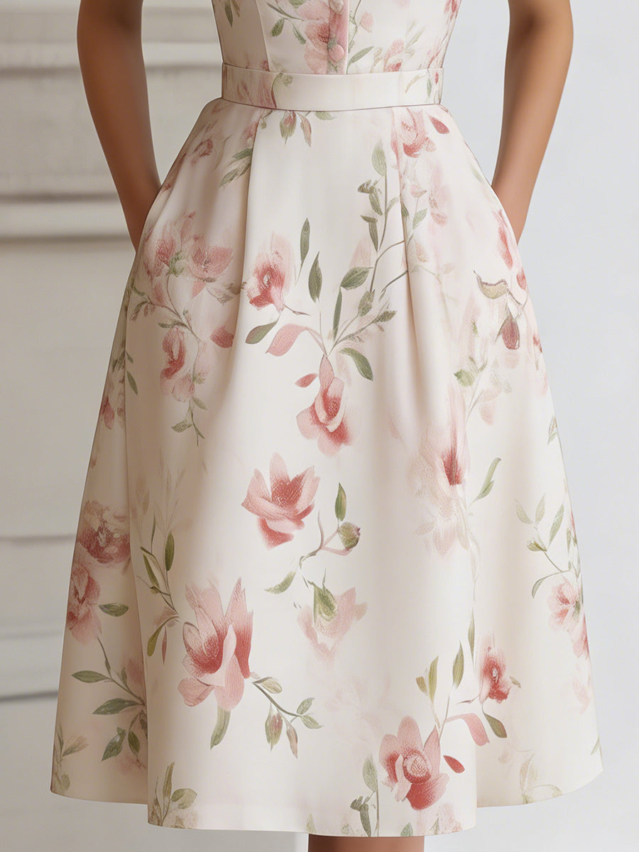 Whitemore & Daughters - Midi Dress: V-Neck Collared Dress with Belted Waist in Floral Print