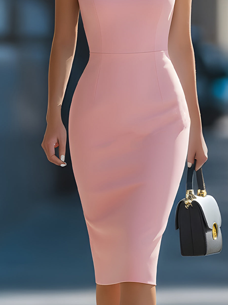 Whitemore & Daughters - Midi Dress: Off-Shoulder Sheath Dress with Boat-Neck Collar