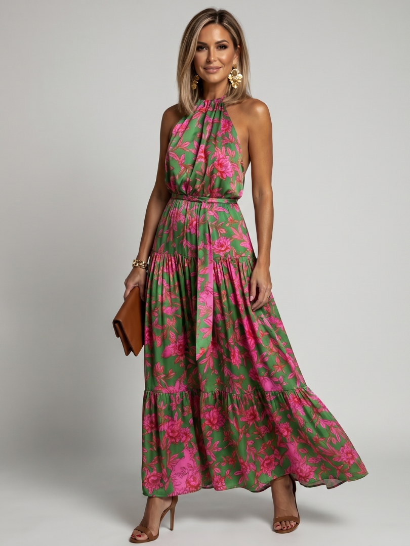 Whitemore & Daughters - Rowen Maxi Dress: Halter-Neck Belted Dress with Tiered Skirt in Floral Print