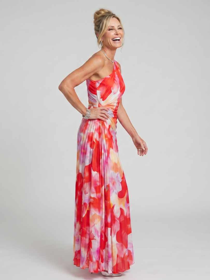 Whitemore & Daughters - Taya Maxi Dress: One-Shoulder Pleated Dress with Draped Waist in Floral Print
