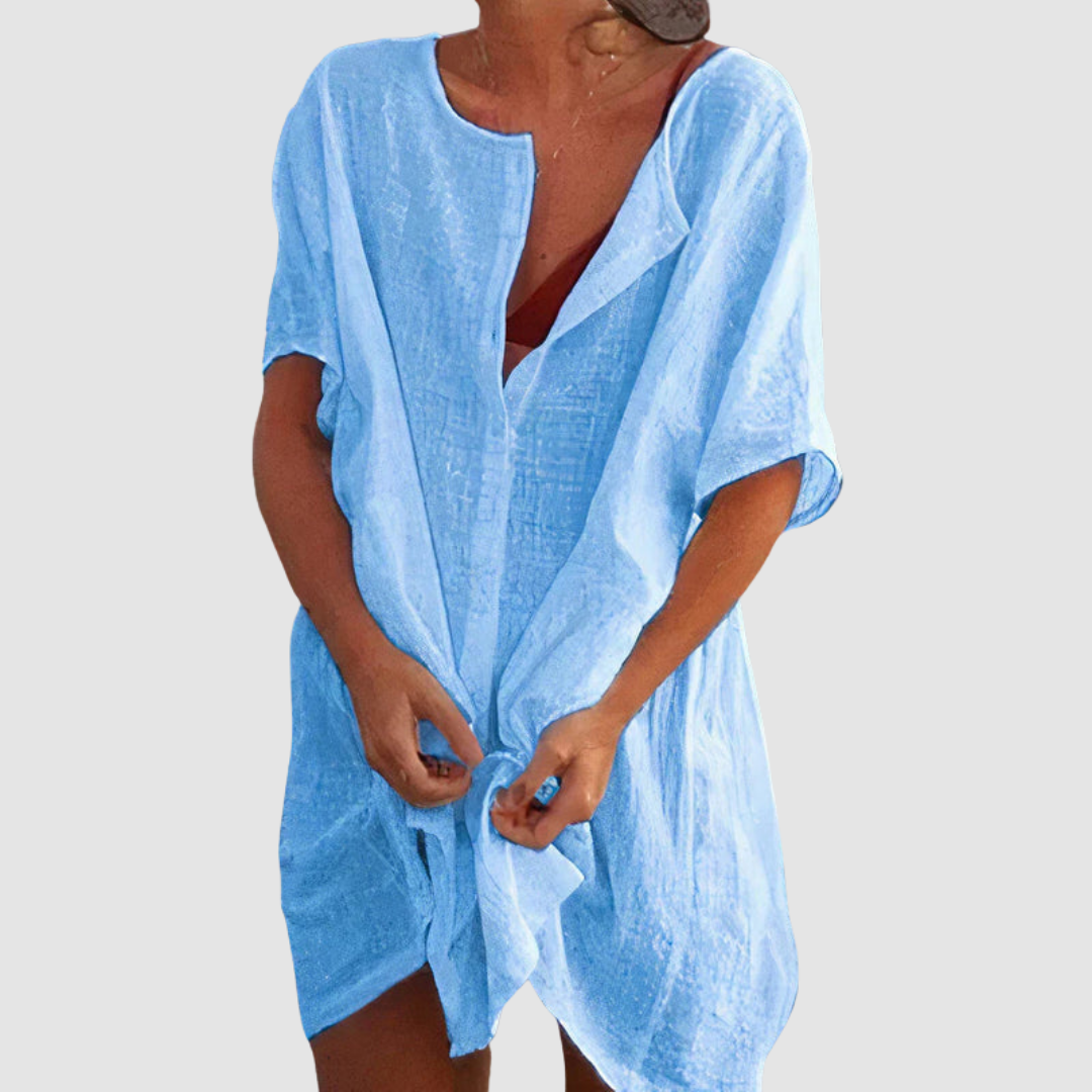 Whitemore & Daughters - Kensley Mini Dress: V-Neck Dress with Short Sleeves and Tie-Front Detail