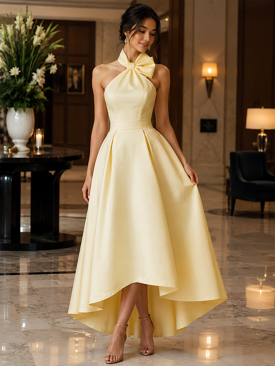 Whitemore & Daughters - Midi Dress: Halter-Neck Bow Dress with High-Low A-Line Skirt