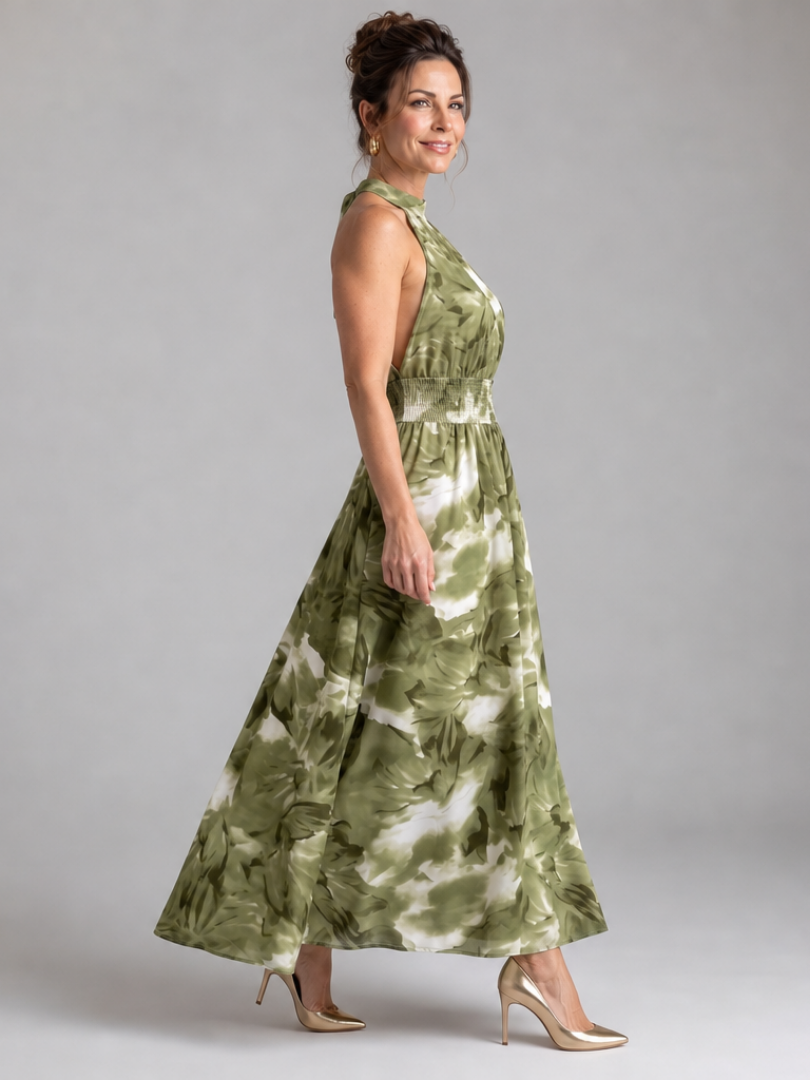 Whitemore & Daughters - Olivia Maxi Dress: Halter-Neck Gathered Dress in Abstract Print