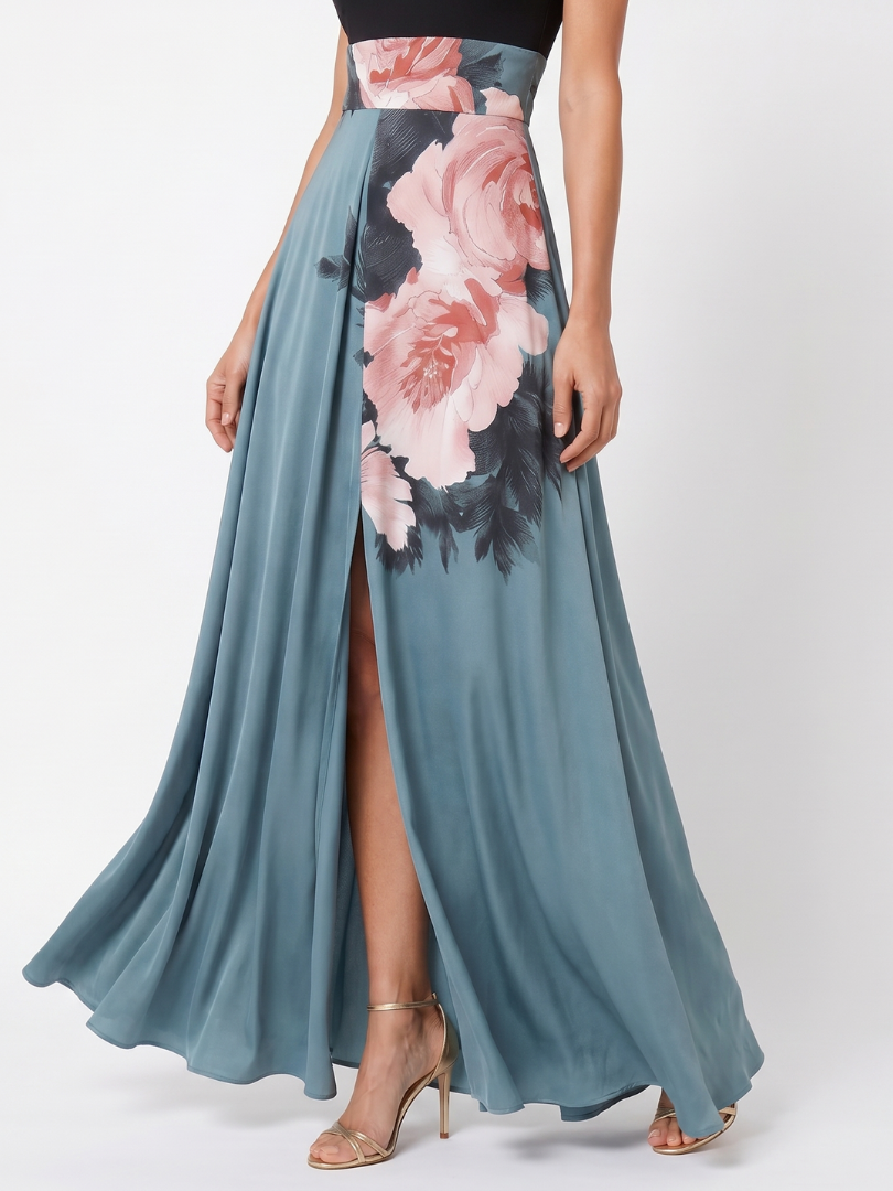 Whitemore & Daughters - Olympas Maxi Dress: Halter-Neck A-Line Dress with Front Slit in Floral Print