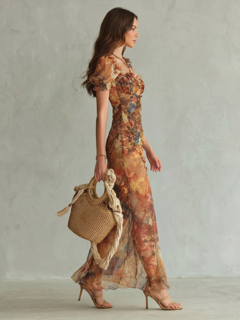 Whitemore & Daughters - Ciel Maxi Dress: Square-Neck Dress with Puff Sleeves in Watercolor Print