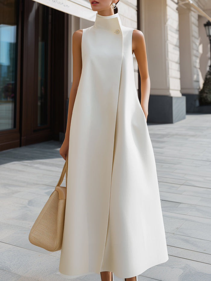 Whitemore & Daughters - Maxi Dress: High-Neck Sleeveless A-Line Dress with Asymmetric Wrap Detail