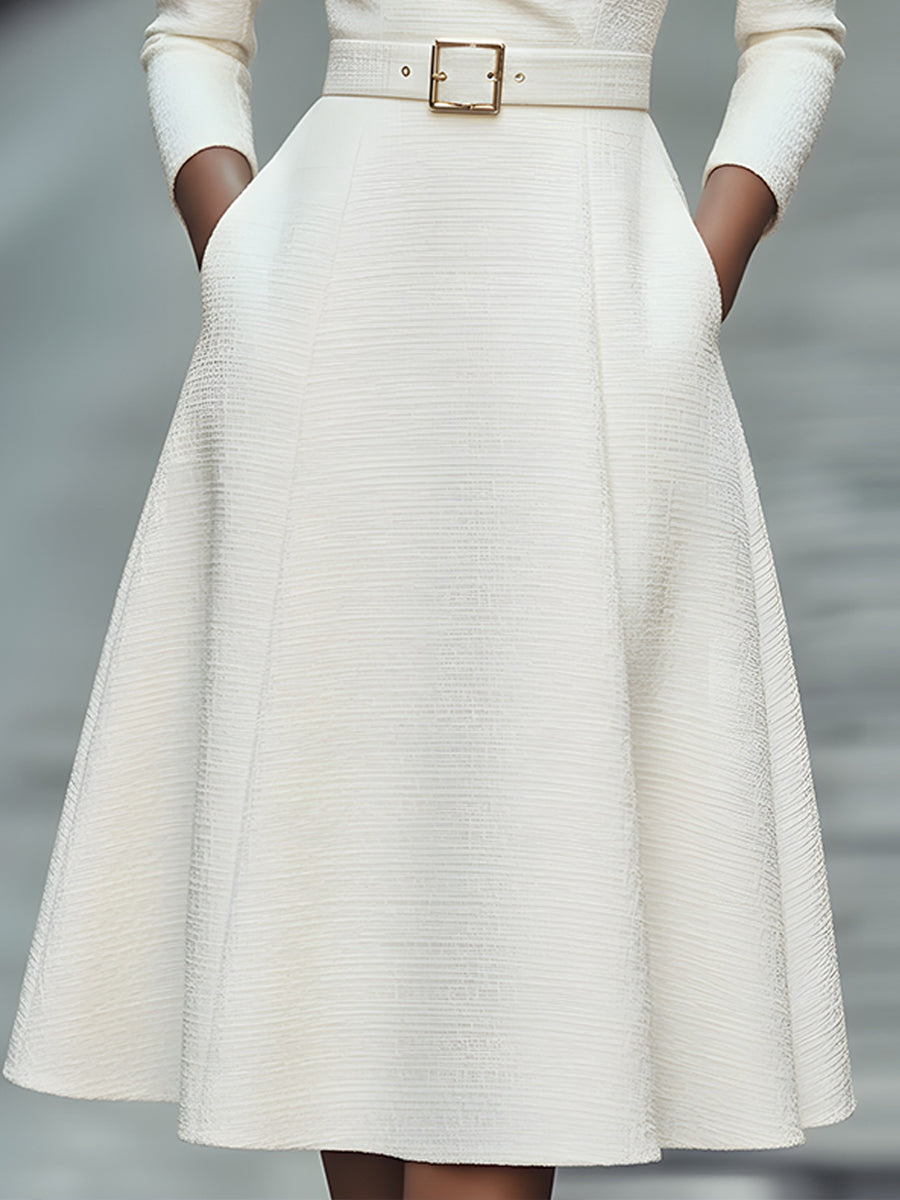 Whitemore & Daughters - Midi Dress: V-Neck Belted Dress with Long Sleeves