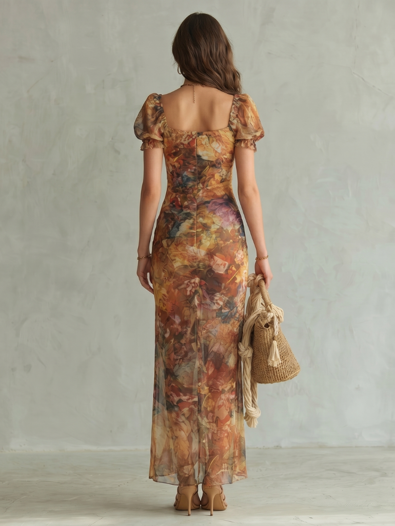 Whitemore & Daughters - Ciel Maxi Dress: Square-Neck Dress with Puff Sleeves in Watercolor Print