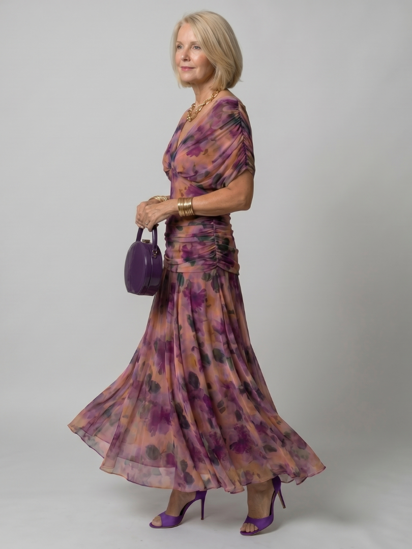 Whitemore & Daughters - Calen Maxi Dress: Off-Shoulder V-Neck Dress with Flutter Sleeves in Floral Print