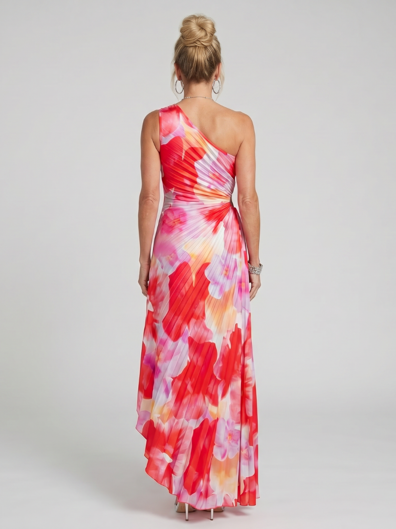 Whitemore & Daughters - Taya Maxi Dress: One-Shoulder Pleated Dress with Draped Waist in Floral Print