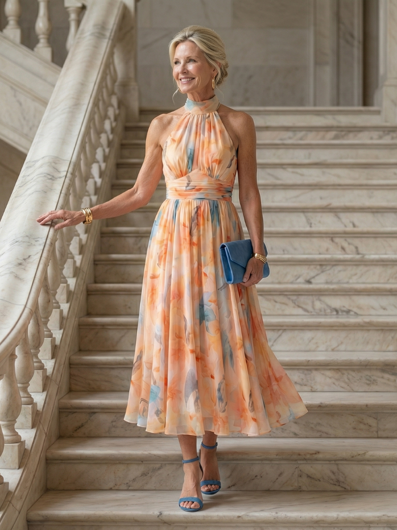 Whitemore & Daughters - Elin Midi Dress: Halter-Neck Dress with Belted Waist in Watercolor Print