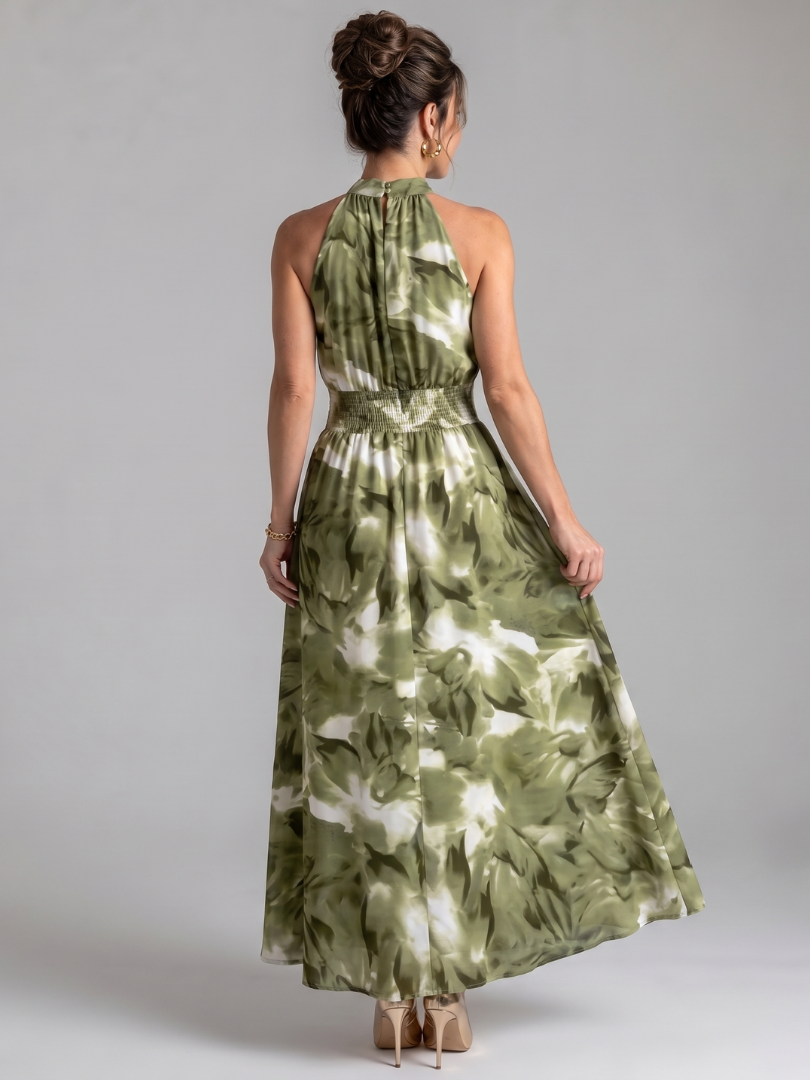 Whitemore & Daughters - Olivia Maxi Dress: Halter-Neck Gathered Dress in Abstract Print