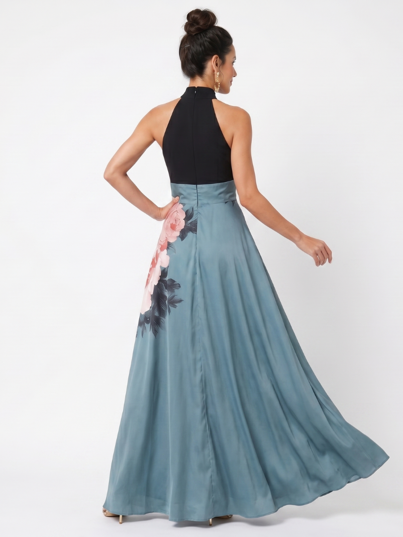 Whitemore & Daughters - Olympas Maxi Dress: Halter-Neck A-Line Dress with Front Slit in Floral Print