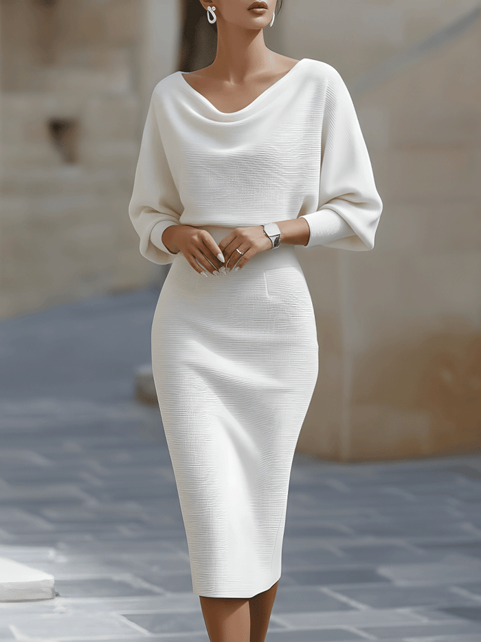 Whitemore & Daughters - Midi Dress: Draped Boat-Neck Dress with Batwing Sleeves