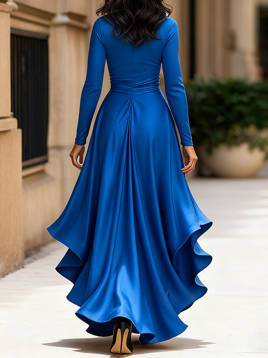 Whitemore & Daughters - Midi Dress: Wrap V-Neck Satin Dress with Ruffle High-Low Hem